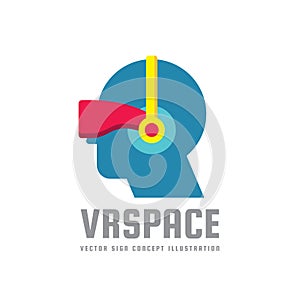 VR Space - concept logo template vector illustration. Virtual reality helmet creative sign. Simulation smart glasses symbol.