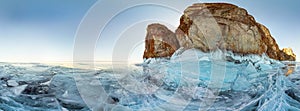 360vr 180 spherikal equirectangular panorama Ice hummocks on Lake Baikal island Olkhon