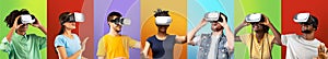 VR technology. Collage of young people wearing virtual reality glasses experiencing innovative technology