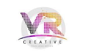 VR V R Letter Logo Design with Magenta Dots and Swoosh