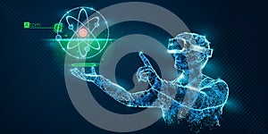 VR wireframe headset vector banner. Polygonal man wearing virtual reality glasses, with holographic of atom. Science