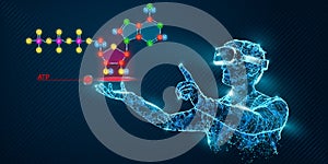 VR wireframe headset vector banner. Polygonal man wearing virtual reality glasses, with holographic of atp acid. Science