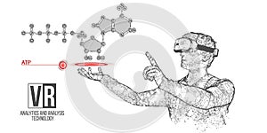 VR wireframe headset vector banner. Polygonal man wearing virtual reality glasses, with holographic of atp acid. Science