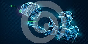 VR wireframe headset vector banner. Polygonal man wearing virtual reality glasses with holographic of brain. Science photo
