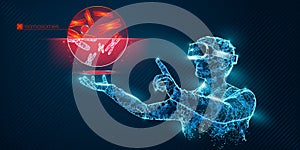 VR wireframe headset vector banner. Polygonal man wearing virtual reality glasses with holographic of chromosome science