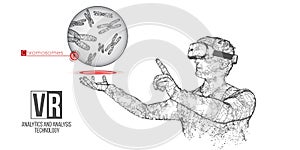 VR wireframe headset vector banner. Polygonal man wearing virtual reality glasses with holographic of chromosome science