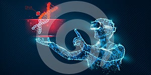 VR wireframe headset vector banner. Polygonal man wearing virtual reality glasses, with holographic of dna code. Science
