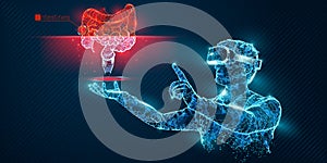 VR wireframe headset vector banner. Polygonal man wearing virtual reality glasses with holographic of intestine. Science