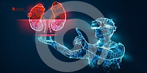 VR wireframe headset vector banner. Polygonal man wearing virtual reality glasses, with holographic of kidney. Science