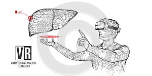 VR wireframe headset vector banner. Polygonal man wearing virtual reality glasses with holographic of liver. Science