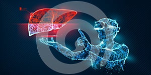 VR wireframe headset vector banner. Polygonal man wearing virtual reality glasses with holographic of liver. Science