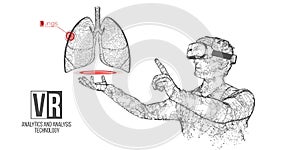 VR wireframe headset vector banner. Polygonal man wearing virtual reality glasses with holographic of lungs. Science