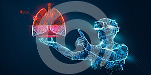 VR wireframe headset vector banner. Polygonal man wearing virtual reality glasses with holographic of lungs. Science