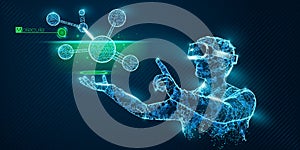 VR wireframe headset vector banner. Polygonal man wearing virtual reality glasses with holographic of molecules. Science