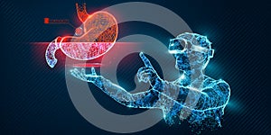 VR wireframe headset vector banner. Polygonal man wearing virtual reality glasses, with holographic of stomach. Science