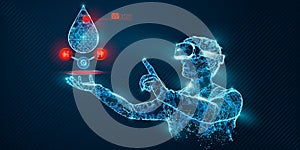 VR wireframe headset vector banner. Polygonal man wearing virtual reality glasses, with holographic of water. Science