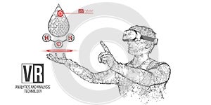 VR wireframe headset vector banner. Polygonal man wearing virtual reality glasses, with holographic of water. Science