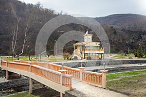 Vranje termal spa landscape with clock tower over hot water sour photo