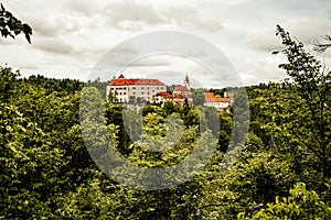 Vranov nad Dyji baroque castle in Moravian region in Czech republic. Chateau built in baroque style, placed on big rock above rive