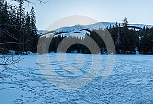 Vrbicke pleso lake in winter Low Tatras mountains in Slovakia