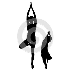Vrikshasana asana, tree pose in yoga . Vector female and child silhouette isolated on white background. Mom and son are doing yoga