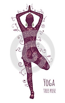 Vrikshasana tree pose yoga, female silhouette. Healthy and beauty lifestyle. Hand drawn floral texture