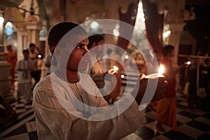 Vrindavan, 22 October 2016: A group of people offering fire at t