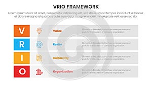 vrio business analysis framework infographic 4 point stage template with long box rectangle box stack for slide presentation