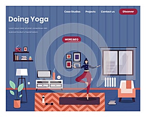 Vrksasana tree yoga pose. Woman doing yoga at home. Healthy lifestyle. Vector web site design template. Landing page