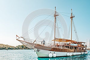 8. 28. 2018. Vrsar Croatia. A beautiful sailing ship for excursions comes to the port of the city of Vrsar