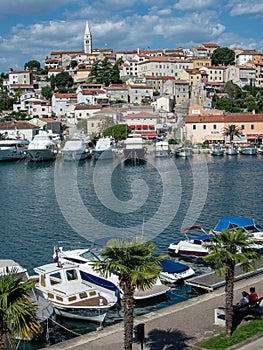 VRSAR, CROATIA - 06/19/2018: View from city port to Saint Martin`s Church