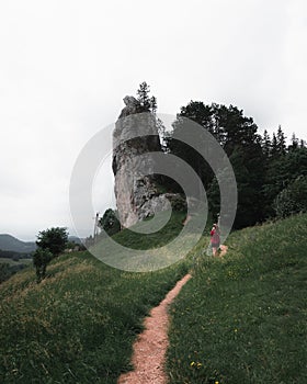 Pohled na historickou památku Vršatec se silnicí vedoucí k němu, ponurý den