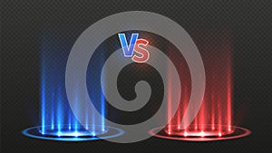 VS battle flooring. Versus action game, confrontation glowing team. Disco dance floor or neon energy teleports. Red blue photo
