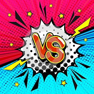 VS - comic retro lettering with shadows, halftone pattern on retro poster background. Cloud of explosion with the