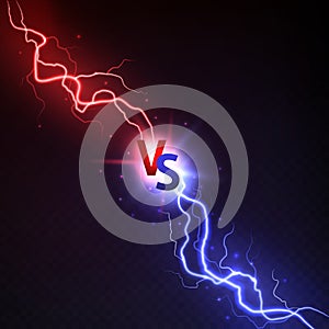 Vs lightning. Thunderstorms and shining lightnings powerful collision with vs symbol. Sport logo match and game, versus