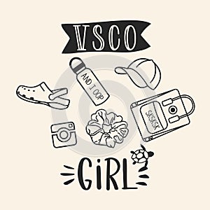 VSCO girls. Illustration of a scrunchies, sea turtles,  water bottles, backpack . For posters, cards, banners and t-shirt design. photo