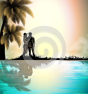 Vtcnor background image of silhouettes of a standing couple in love on the coast under palm trees