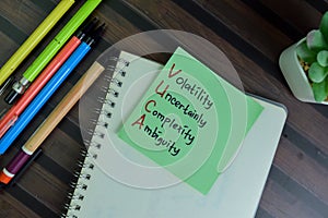 VUCA - Volatility Uncertainly Complexity Ambiguity write on sticky notes isolated on Wooden Table