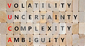 VUCA volatility uncertainty complexity ambiguity symbol. Concept words VUCA volatility uncertainty complexity ambiguity on blocks