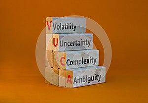 VUCA volatility uncertainty complexity ambiguity symbol. Concept words VUCA volatility uncertainty complexity ambiguity on blocks