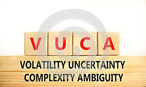 VUCA volatility uncertainty complexity ambiguity symbol. Concept words VUCA volatility uncertainty complexity ambiguity on cubes.