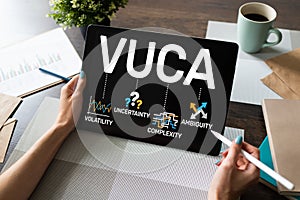 VUCA world concept on screen. Volatility, uncertainty, complexity, ambiguity. photo