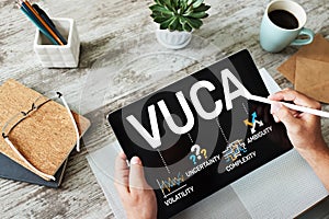 VUCA world concept on screen. Volatility, uncertainty, complexity, ambiguity.