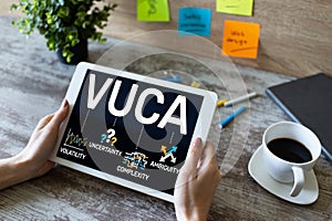 VUCA world concept on screen. Volatility, uncertainty, complexity, ambiguity.