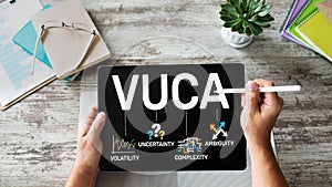 VUCA world concept on screen. Volatility, uncertainty, complexity, ambiguity. photo