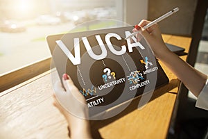 VUCA world concept on screen. Volatility, uncertainty, complexity, ambiguity.