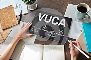 VUCA world concept on screen. Volatility, uncertainty, complexity, ambiguity.