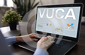 VUCA world concept on screen. Volatility, uncertainty, complexity, ambiguity.