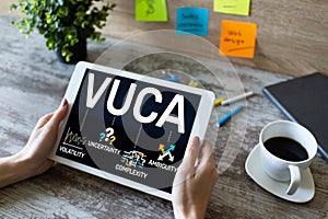 VUCA world concept on screen. Volatility, uncertainty, complexity, ambiguity. photo