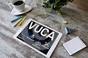 VUCA world concept on screen. Volatility, uncertainty, complexity, ambiguity.